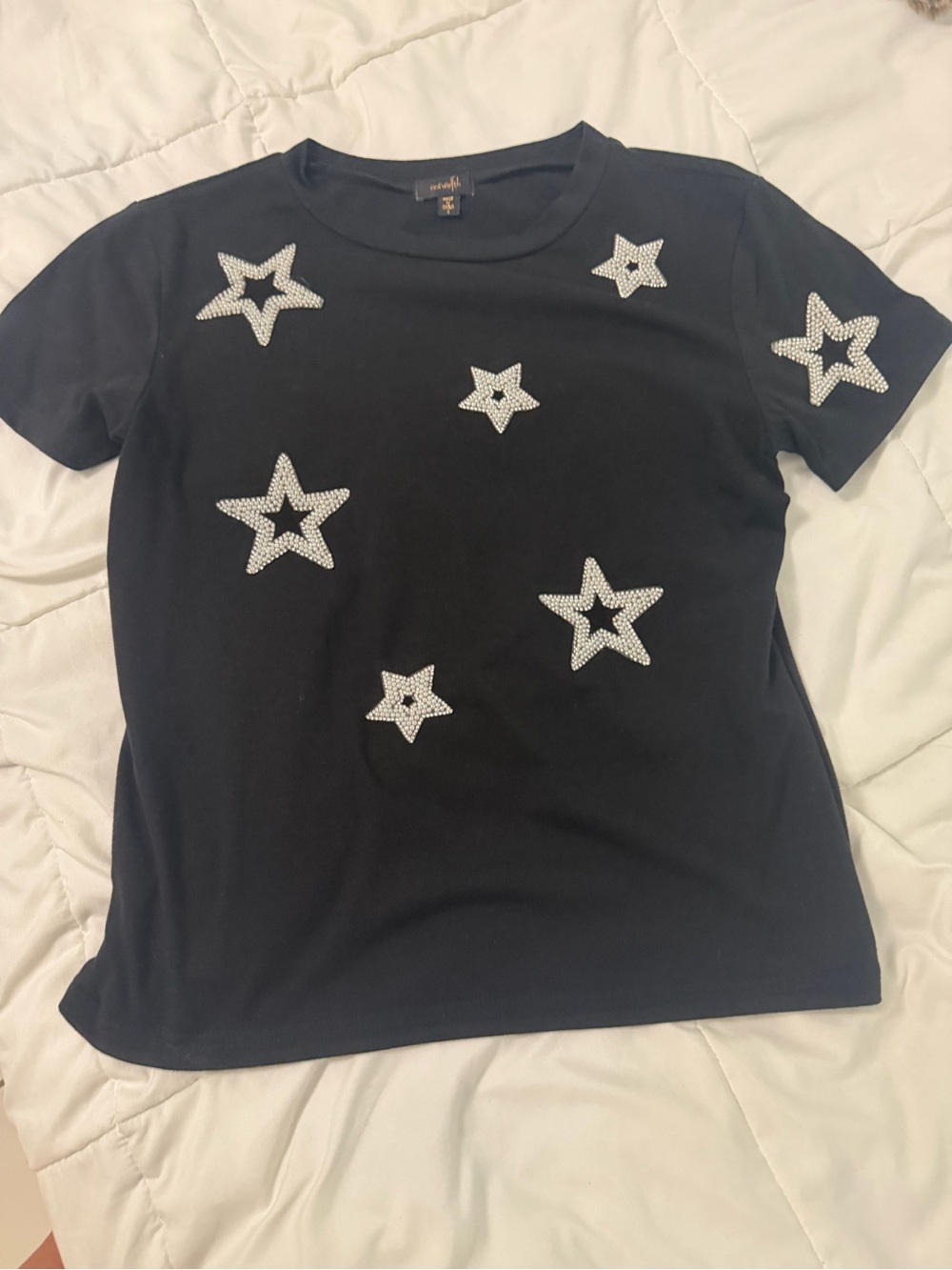 Woman Within Black Short-Sleeve Tee with Crystal Star Accents